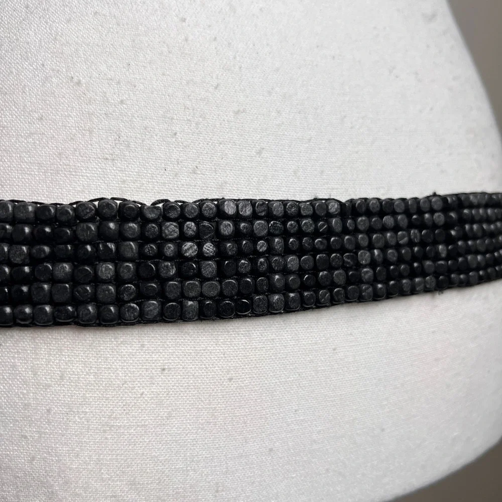 Vintage Beaded Waist Belt One Size Black Wood Cube Tie Closure Boho Western Goth